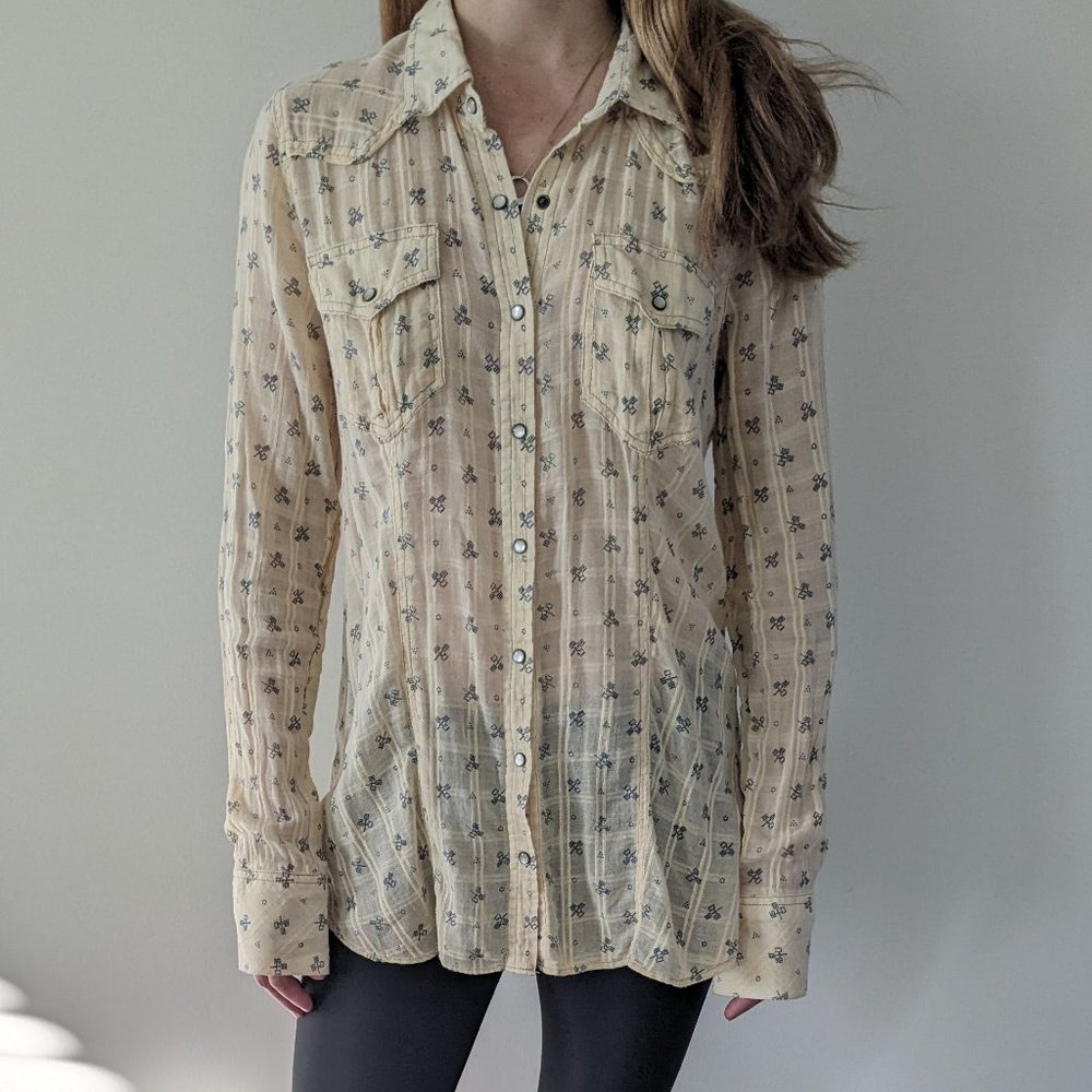 Free People pale yellow and blue button down blouse - Picture 8 of 9